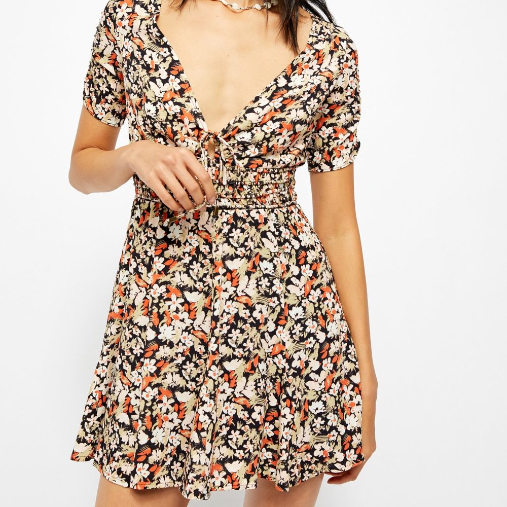 Free People Floral Mini Dress in Black, Cream & Orange